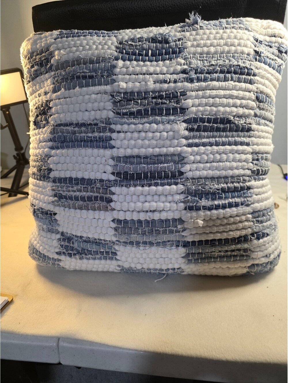 Blue & White Chindi Woven Throw Pillow 19.5x18.5 Boho Farmhouse Denim Look